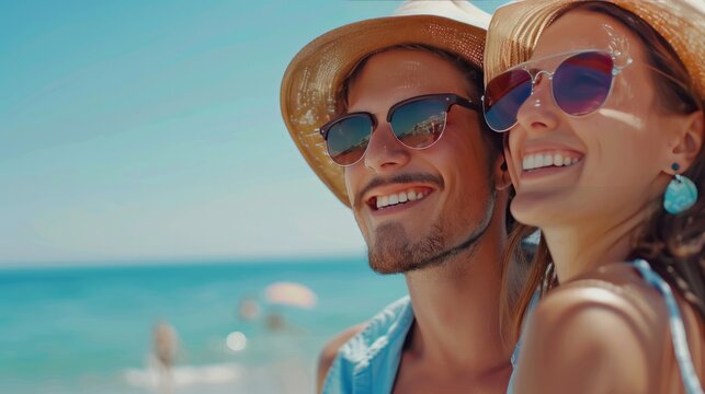 Romantic young couple enjoying summer vacation. Cheerful husband and beautiful wife during honeymoon spending time together at the beach. Happy smiling people. Real lifestyle.