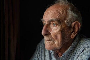 Obraz premium A wise senior citizen, his skin etched with a lifetime of stories, gazes thoughtfully into the distance, his face a map of experiences and memories