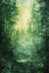 Serene Forest Ambience: Layered Green and Brown Abstract Watercolor Landscape for Desktops