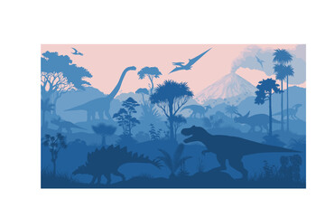 vector tropical forest with Stegosaurus, Tyrannosaurus, triceratops, Parasaurolophus,  Brachiosaurus and pterodactyl © Save Jungle