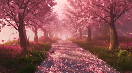 pink blossoming tree path 