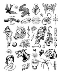Old school Tattoo stickers set. Woman, crocodile, doberman dog, swallow, snake and handshake, ghost, scorpion, butterfly, spider, panther and hope gesture. Engraved hand drawn vintage sketch.