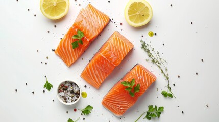 Female hands seasoning fresh raw salmon marbled fillet isolated on white background with lemon, coarse salt, green herbs top view. - obrazy, fototapety, plakaty