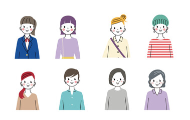 正面を向いているいろんな年代の女性　上半身のイラスト