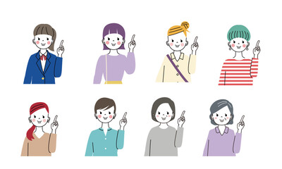 指差しポーズをしている様々な年齢層の女性の上半身イラスト