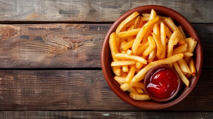French fries with ketchup on wooden background. - obrazy, fototapety, plakaty