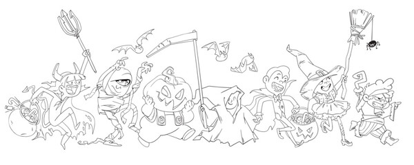 Children celebrating Halloween dressed in a variety of Halloween costumes. Trick or Treat. Black and white cartoon character. Funny vector illustration. Coloring book. Isolated white background