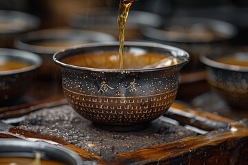 Tea is being poured into an ornate black gaiwan with traditional Chinese characters and golden...