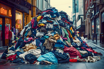 Naklejka premium A mountain of clothes spills out into the street from stores. Overconsumption problem concept