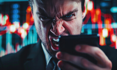 An angry businessman holding smartphone with stock chart on the background