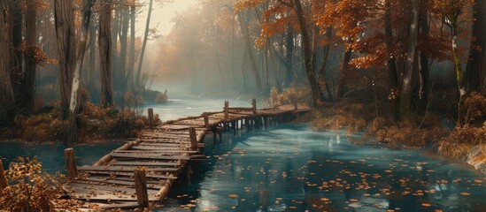 A painting depicting a wooden bridge spanning across a river in a forest during autumn. The scene...