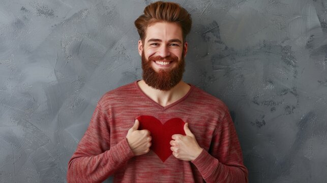 Lovely good-looking caucasian bearded guy smiling cheerfully and making heart gesture over chest, expressing his feelings and tenderness while standing against gray background. I am in love with you