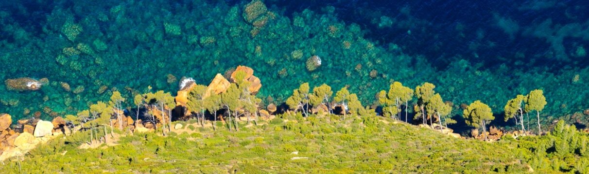 View from Cap Canaille to the green pines and the blue water of the bay, Provence, France, Europe