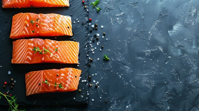 Raw fresh salmon fish on black background. View from above, top studio shot
