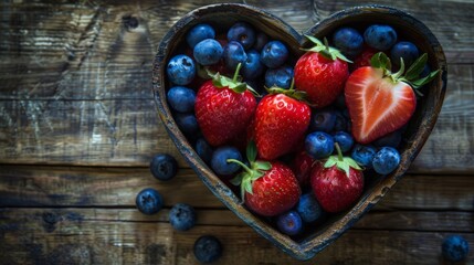 Strawberries and blueberries arranged in a heart shaped bowl on a rustic wooden table. These super-food berries are part of a healthy diet promoting a healthy heart and well being.
