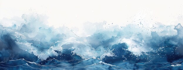 Ocean's Majesty in Watercolor: Dynamic Waves in Blue and White Abstract Art for Desktop