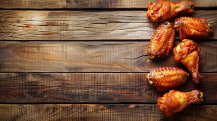 Top view fried chicken wings on wooden background - obrazy, fototapety, plakaty