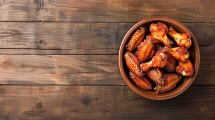 Top view fried chicken wings on wooden background - obrazy, fototapety, plakaty