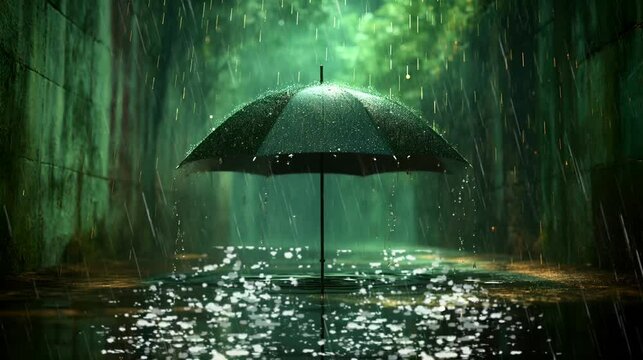 "An animation of a soaked green umbrella enduring a heavy downpour. Seamless looping time-lapse animation video background generated by AI."
