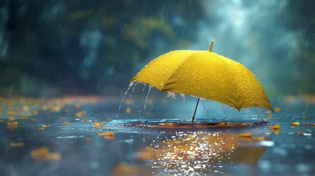 "An animation of a drenched yellow umbrella enduring a heavy downpour. Seamless looping time-lapse animation video background generated by AI."