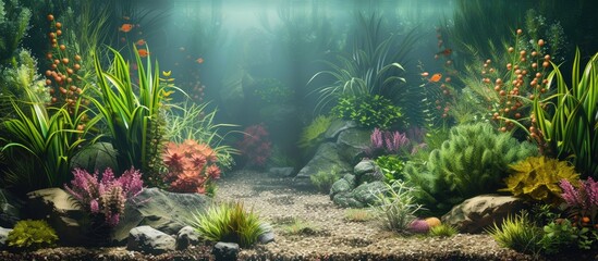 The aquarium is teeming with a variety of plants and rocks, creating a vibrant and dynamic underwater ecosystem. The plants sway gently in the water, providing shelter and oxygen for the aquatic - obrazy, fototapety, plakaty