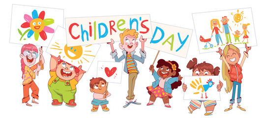 Obraz na płótnie Canvas Kids hold up their drawings and a sign that reads International Children Day. Children pencil doodles. Colorful cartoon character. Funny vector illustration. Isolated white background