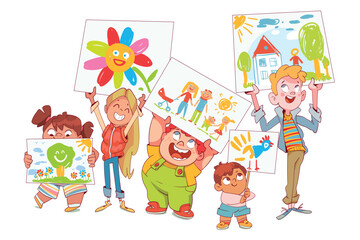 Kids holding their drawings. Show your arts. Children pencil doodles. Colorful cartoon character. Funny vector illustration. Isolated white background