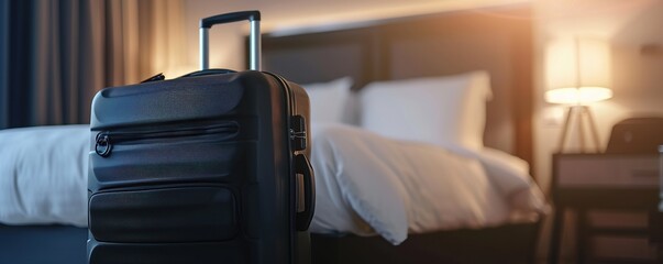 Luggage suitcase bag in a modern business hotel room - obrazy, fototapety, plakaty