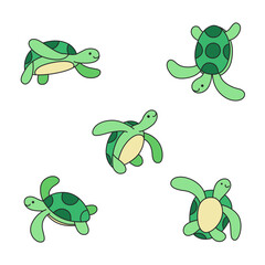 Set of cute cartoon sea turtles isolated on white background. Vector illustration.