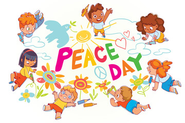 Children draw a large Peace Day message on the pavement. Kids doodle with colored crayons on the asphalt. International day of peace. Colorful cartoon character. Funny vector illustration. Isolated