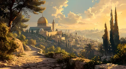 Gordijnen sunrise in the mountains,Fantasy Worlds : Imaginative and well-executed illustrations of fantastical, Beautiful mosques and minarets,mosque on the mountain © microtech