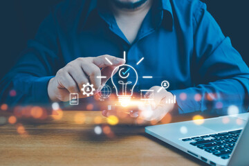 Ideas and innovation concept, Quick tips for smart creative. light bulb and idea, working...