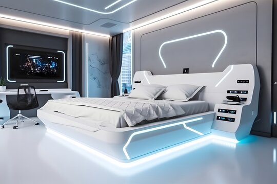 High tech bedroom interior in light colors with wooden bed with pillows, cozy furniture.
