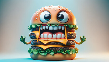 3D-rendered funny burger monster character with a scary expression, set against a clean pastel blue background - obrazy, fototapety, plakaty