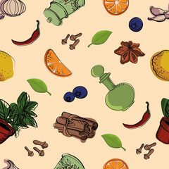 seamless pattern with vegetables with kitchen elements, chili, orange, garlic, utensils, lemon, leaves, cinnamon, clove sticks, berries