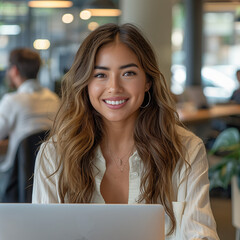 woman working on laptop,Hispanic Young Woman Working on a Computer laptop in a Modern Bright office