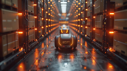 Automated Retail Warehouse AGV Robots, Distribution Logistics Center. Automated Guided Vehicles Goods, Products