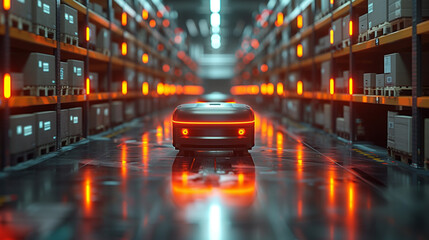 Autonomous robot delivery in warehouses with 5g wireless connection, Smart Industry 4.0, Automated Retail Warehouse AGV Robots,  - obrazy, fototapety, plakaty