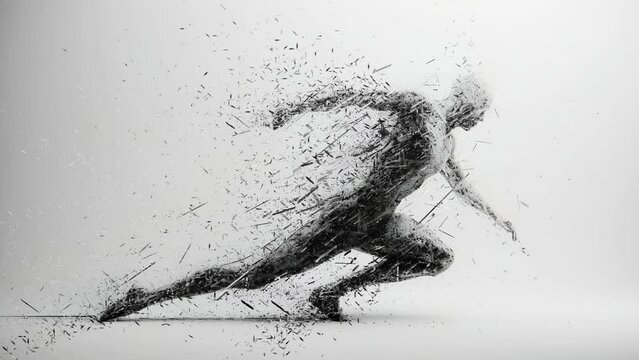 Illustration of a human being formed from grains dissipating energy power, running speed pose; is perfect for background projects; sports, fitness, energy, 4k virtual video animation.
