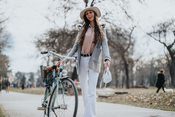 An elegant young woman in a hat walks with her vintage bike in a park, exuding casual sophistication and happiness in springtime.