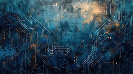 Electric Aesthetic: Watercolor Abstract with Metallic Hues and Blue Circuit Lines for a Modern Desktop