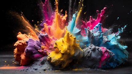 Explosion of bright colorful paint on black background, burst of multicolored powder, abstract pattern of colored dust splash. Concept of spectrum, splash, swirl, holi, texture