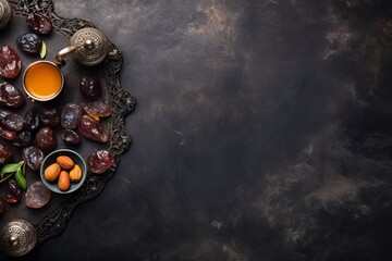 Table top view image of decoration Ramadan Kareem, dates fruit, aladdin lamp, tea and rosary beads on dark stone background. Flat lay with copy space - generative ai