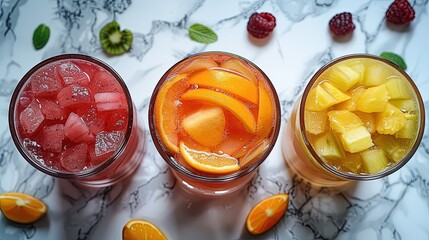 Top view on glasses filled with healthy freshly juiced fruits