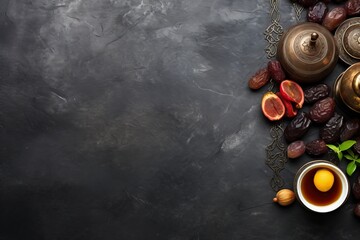 Table top view image of decoration Ramadan Kareem, dates fruit, aladdin lamp, tea and rosary beads on dark stone background. Flat lay with copy space - generative ai - obrazy, fototapety, plakaty