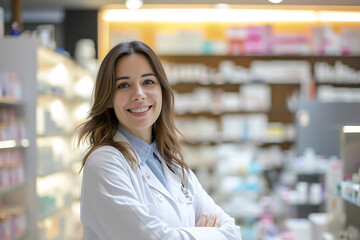 A smiling brunette woman pharmacist standing in a chemist, with shelves of medicines