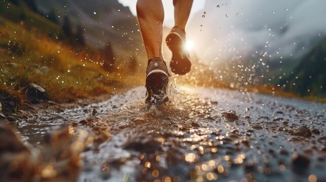 running feet of a trail runner when he travel for trekking.  