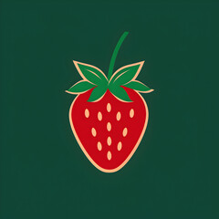 A logo illustration of a strawberry with leaves on a green background.