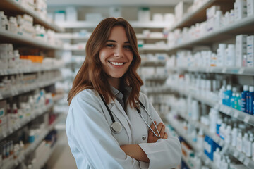 A smiling brunette woman pharmacist standing in a chemist, with shelves of medicines