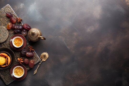 Table top view image of decoration Ramadan Kareem, dates fruit, aladdin lamp, tea and rosary beads on dark stone background. Flat lay with copy space - generative ai